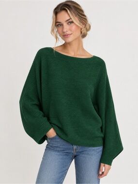 Fulier Women’s Boatneck Batwing Sleeve Knitted Sweater Dark Green
